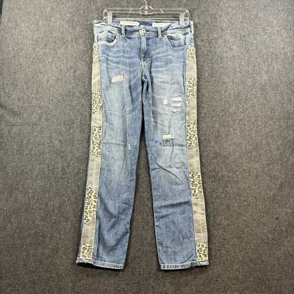 Pilcro Slim Boyfriend Jeans Women's 27 Blue Distressed Patched Animal - Picture 1 of 9